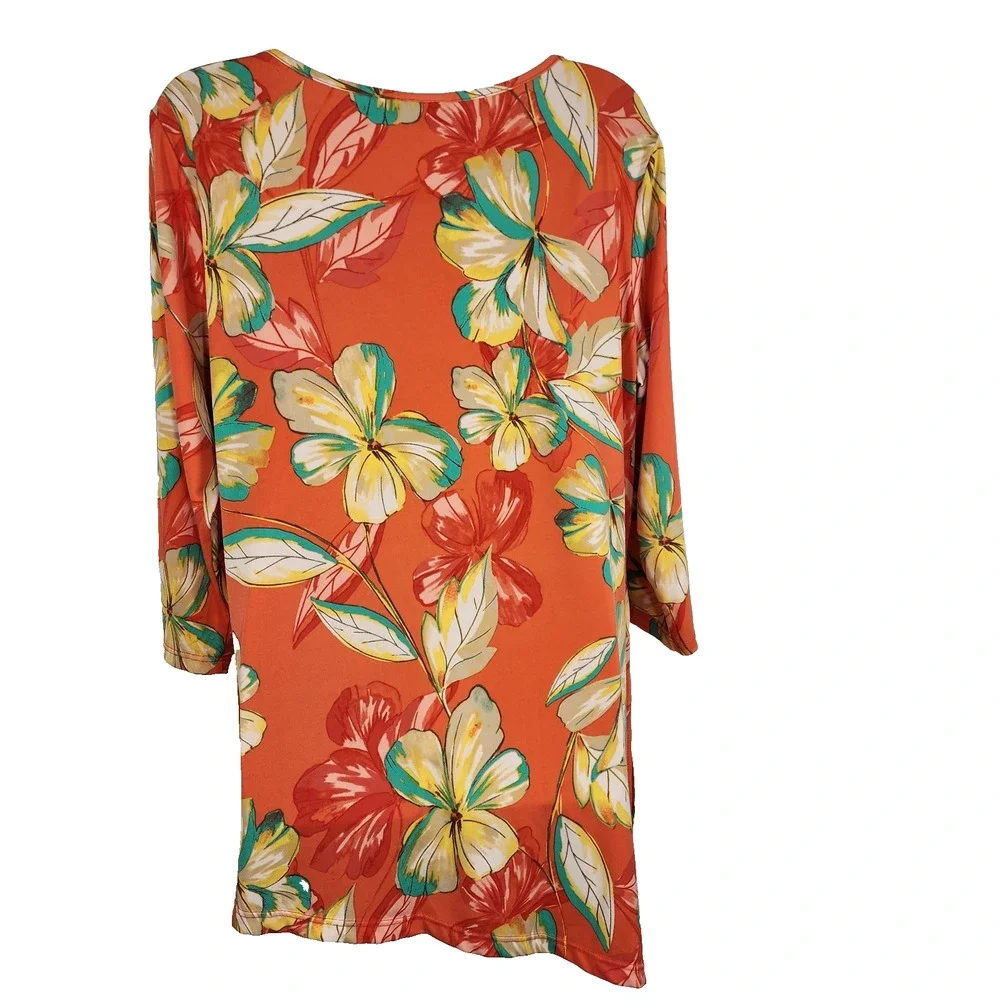 Susan Graver Womens Tunic Liquid Knit Top Orange Floral Asymmetrical Hem Medium